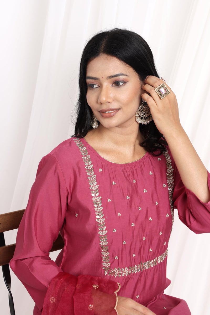 Kaari Women's Hand Embroidered Kurta Set with Dupatta - Straight Fit | Silk Blend Fabric with Dabka Work | Sequin Work Organza Dupatta | Straight Pant with Side Pocket | Kurta Set For Women - Image 2
