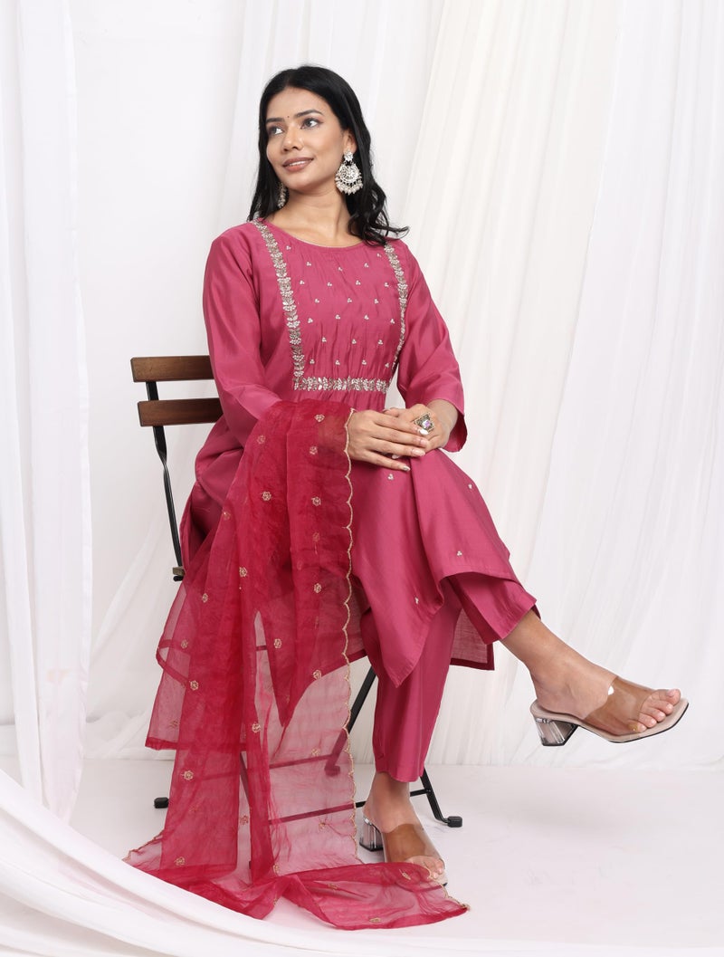 Kaari Women's Hand Embroidered Kurta Set with Dupatta - Straight Fit | Silk Blend Fabric with Dabka Work | Sequin Work Organza Dupatta | Straight Pant with Side Pocket | Kurta Set For Women - Image 3