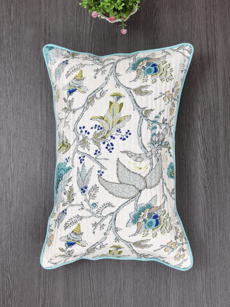 Clasiko Cushion Covers Set of 2; 12x18 Inches; Teal & Grey Leaves - Image 4