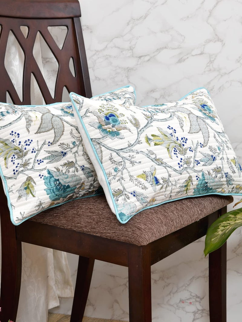 Clasiko Cushion Covers Set of 2; 12x18 Inches; Teal & Grey Leaves - Image 2