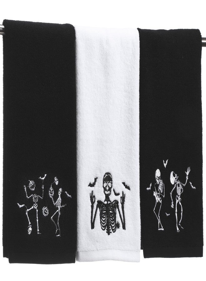 Oudain منشفة يد هالوين 3 قطع من قطن أوداين لمجموعة الحمام تطريز 14'' x 29'' زومبي جمجمة هياكل عظمية ديكور مطبخ عنكبوت قرع منشفة شاي لمائدة (جمجمة، أسود) - Image 1