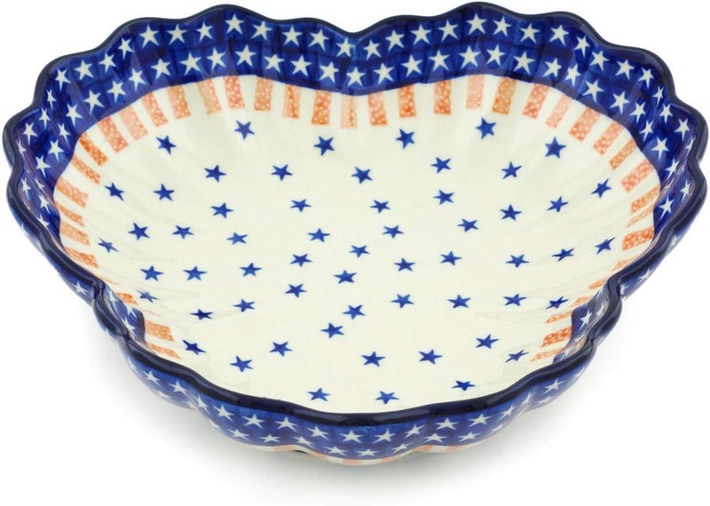 Polmedia Polish Pottery Polish Pottery 9inch Fluted Bowl made by Ceramika Artystyczna Classic Americana Theme  Certificate of Authenticity - Image 1