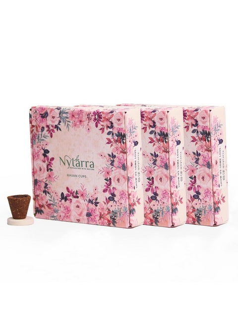 Nytarra HaVan Cups for Pooja 12 pcs Each (Pack of 3) +1 Free Holder, Cow Dung Outer Shell Havan, Natural Herbs, Jatamasi, Tulsi, Ashwagandha, Guggal, Loban, Dried Flowers, Sambrani Dhoop Cups