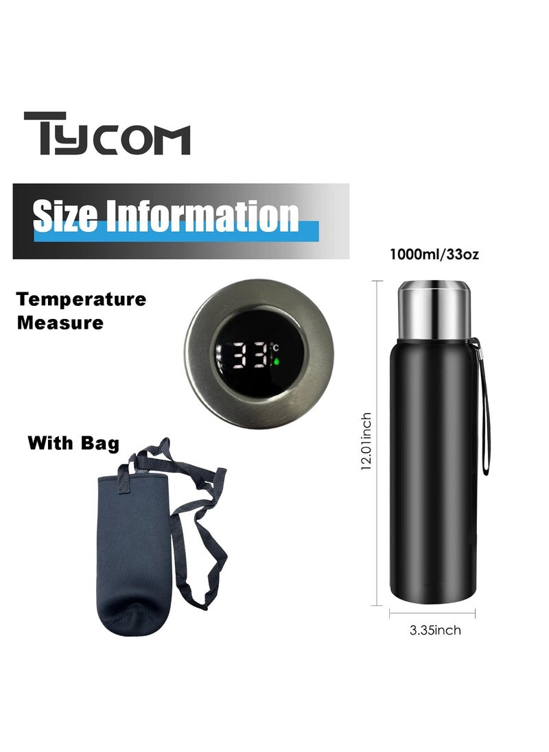 Thermal isulated Water Bottle 1000 ML With LED 316 Stainless Steel Double Wall Vacuum insulated Water Bottles for Hot Cold Water Gym Bottle Flask Bottle LED Display Black.
