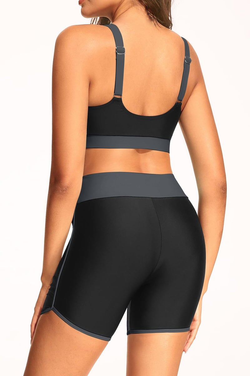 Yonique Women 3 Piece Rash Guard - Long Sleeve Swimsuit Built in Bra Swim Shirt Zip Bathing Suit with Pocket Shorts Black and Gray L - Image 4