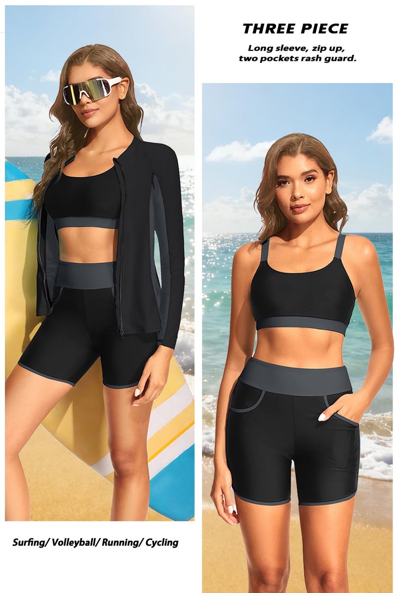 Yonique Women 3 Piece Rash Guard - Long Sleeve Swimsuit Built in Bra Swim Shirt Zip Bathing Suit with Pocket Shorts Black and Gray L - Image 5
