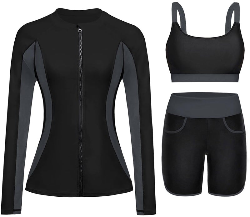 Yonique Women 3 Piece Rash Guard - Long Sleeve Swimsuit Built in Bra Swim Shirt Zip Bathing Suit with Pocket Shorts Black and Gray L - Image 1