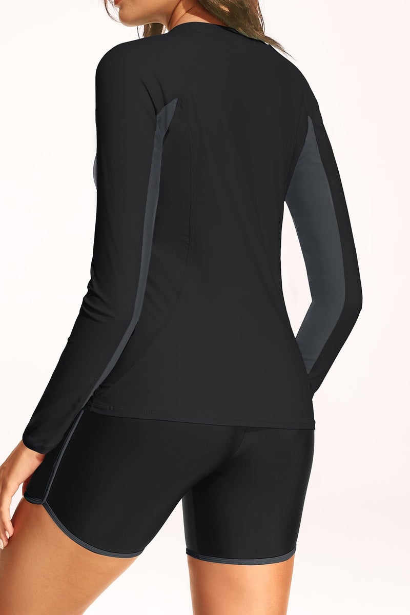 Yonique Women 3 Piece Rash Guard - Long Sleeve Swimsuit Built in Bra Swim Shirt Zip Bathing Suit with Pocket Shorts Black and Gray L - Image 2