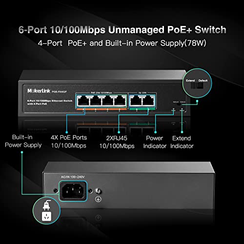 MokerLink 6 Port PoE Switch with 4 Ports PoE+, 2 Fast Ethernet Uplink, 10/100Mbps, 78W High Power, Support IEEE802.3af/at, Fanless Metal Plug & Play PoE+ Network Switch - Image 2