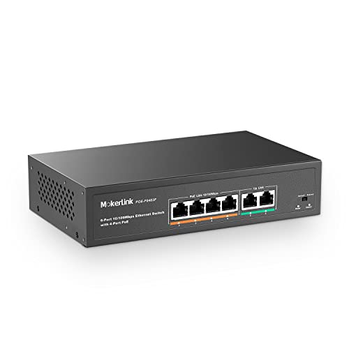 MokerLink 6 Port PoE Switch with 4 Ports PoE+, 2 Fast Ethernet Uplink, 10/100Mbps, 78W High Power, Support IEEE802.3af/at, Fanless Metal Plug & Play PoE+ Network Switch - Image 1