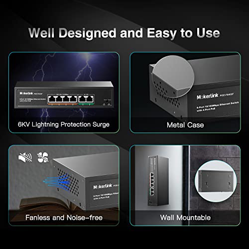 MokerLink 6 Port PoE Switch with 4 Ports PoE+, 2 Fast Ethernet Uplink, 10/100Mbps, 78W High Power, Support IEEE802.3af/at, Fanless Metal Plug & Play PoE+ Network Switch - Image 5