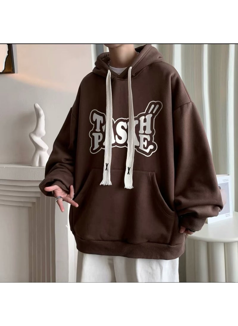 Generic Mens Fleece Hoodie Casual American Pullover Brown 