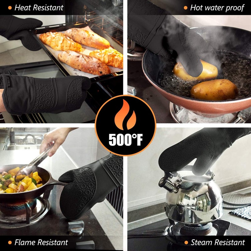 Rorecay Extra Long Oven Mitts and Pot Holders Sets: Heat Resistant Silicone Mittens with Mini Gloves Hot Pads Potholders for Kitchen Baking Cooking, Quilted Liner, Black, Pack of 6 - Image 5