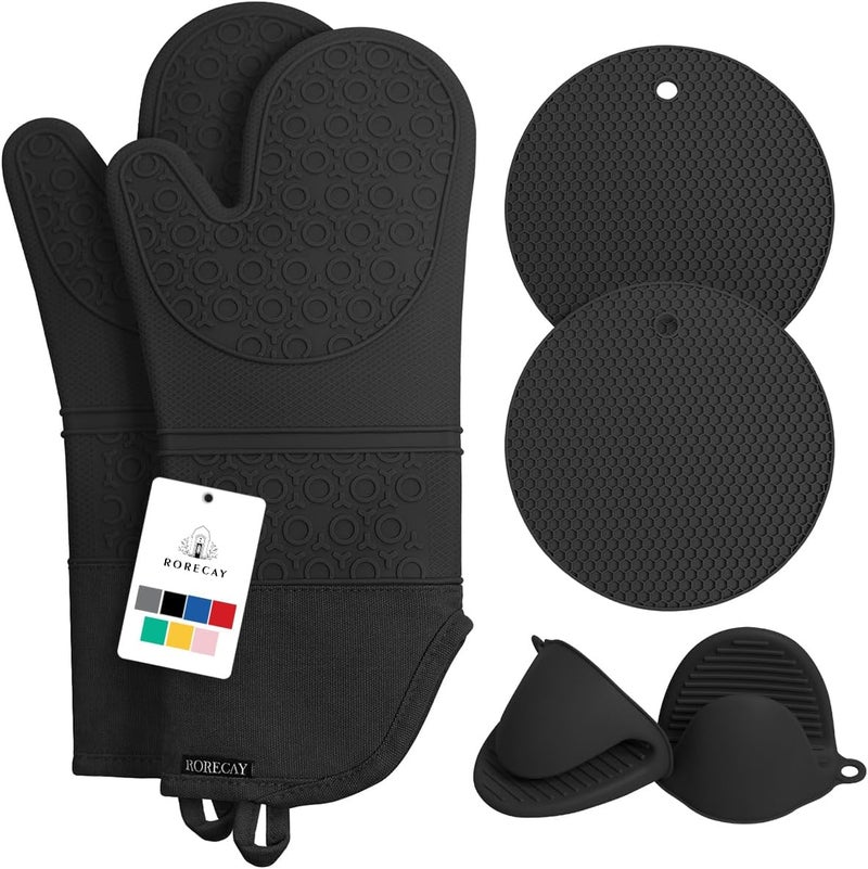 Rorecay Extra Long Oven Mitts and Pot Holders Sets: Heat Resistant Silicone Mittens with Mini Gloves Hot Pads Potholders for Kitchen Baking Cooking, Quilted Liner, Black, Pack of 6 - Image 1