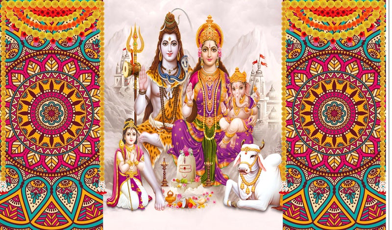 Backdropon Lord Shiv Parivar Design Backdrop Cloth for Pooja Decoration Traditional/Background Curtain for Festival Fabric Size 5Feet Height and 8Feet Width(5 * 8) - Image 1