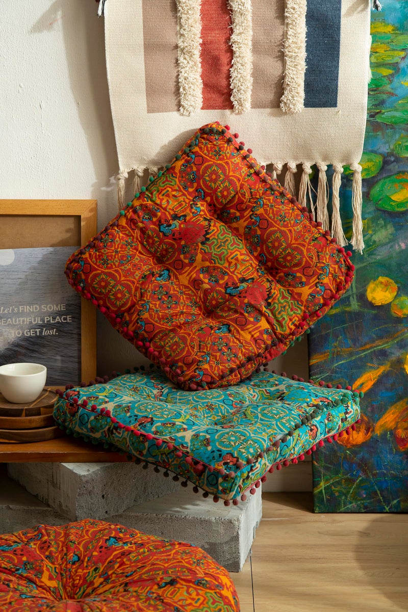 Huierxun Moroccan Printed Square Chair Pads Cotton Linen Soft Comfort Chair Cushion Colorful Pompom Seat Cushions for Indoor Dining Room and Kitchen Chairs (Orange,16x16 Inch) - Image 3