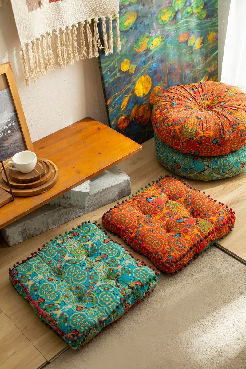 Huierxun Moroccan Printed Square Chair Pads Cotton Linen Soft Comfort Chair Cushion Colorful Pompom Seat Cushions for Indoor Dining Room and Kitchen Chairs (Orange,16x16 Inch) - Image 5
