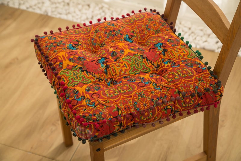 Huierxun Moroccan Printed Square Chair Pads Cotton Linen Soft Comfort Chair Cushion Colorful Pompom Seat Cushions for Indoor Dining Room and Kitchen Chairs (Orange,16x16 Inch) - Image 2