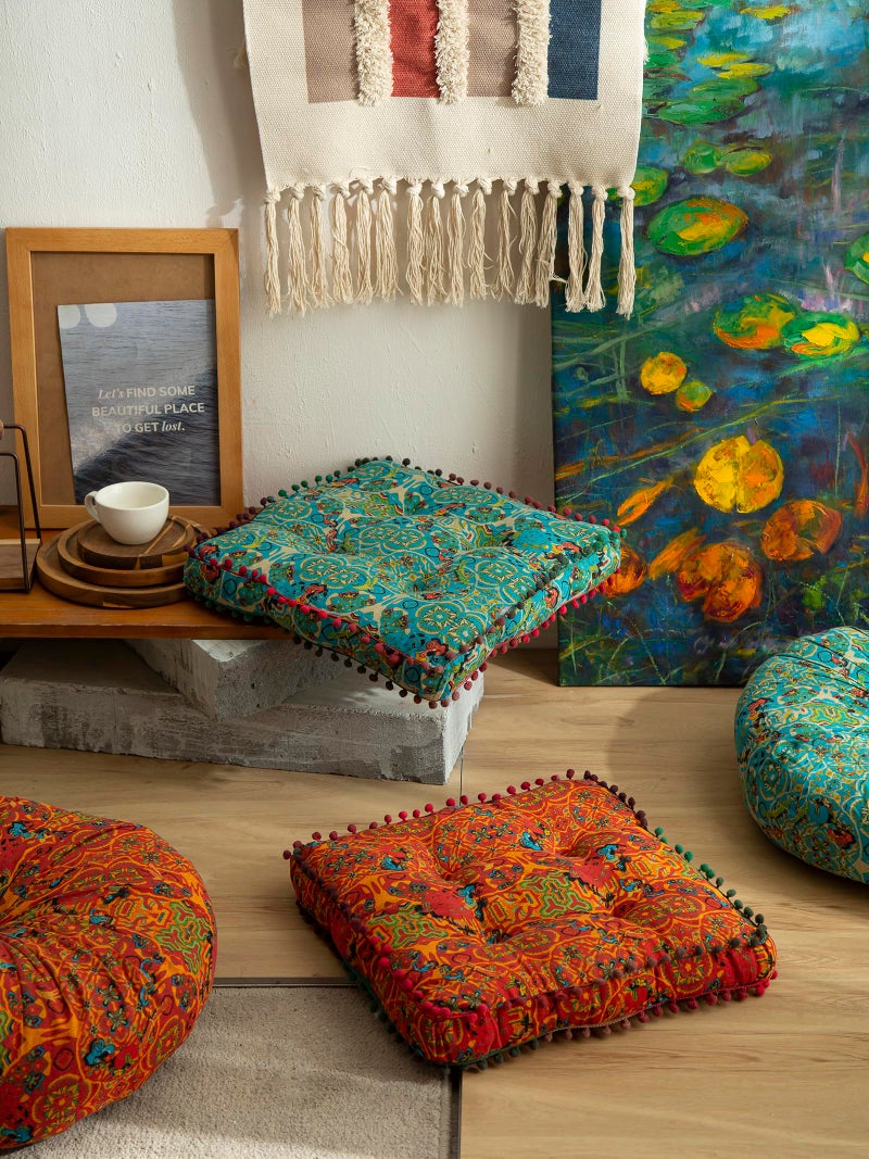 Huierxun Moroccan Printed Square Chair Pads Cotton Linen Soft Comfort Chair Cushion Colorful Pompom Seat Cushions for Indoor Dining Room and Kitchen Chairs (Orange,16x16 Inch) - Image 4