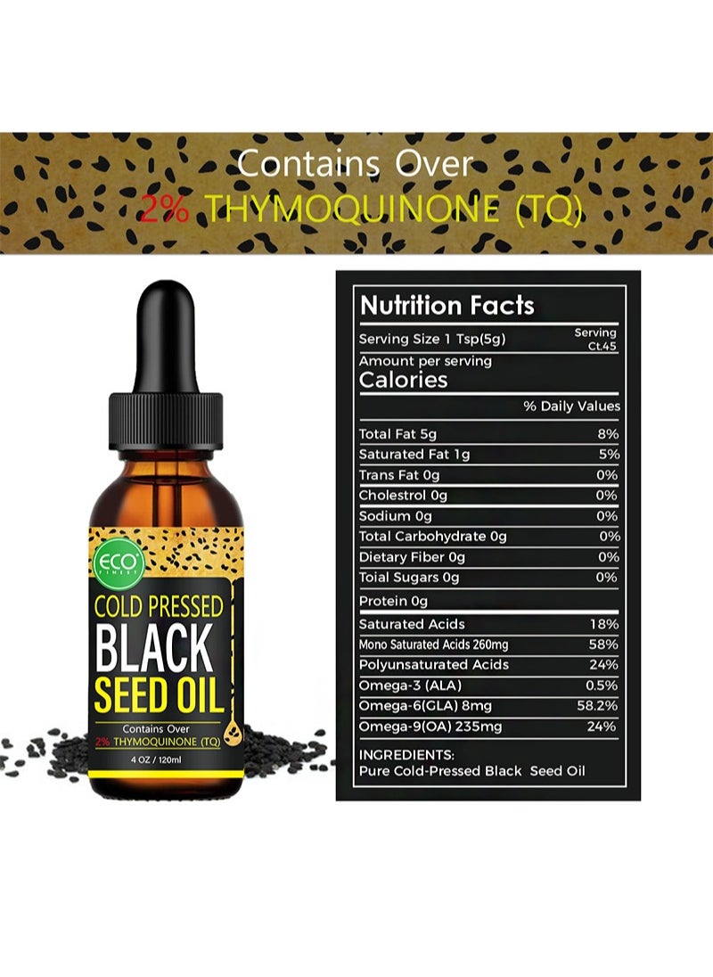 ECO finest - Black Seed Oil，100% Virgin Cold Pressed Premium Black Seed Oil，2% Thymoquinone，Strengthens immunity， joints， skin and hair (120ml) - Image 1