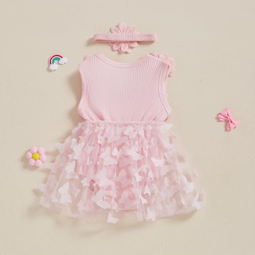 FOMOYUU Newborn Baby Girl Lace Romper Dress Sleeveless Floral Lace Outfits Summer Toddler Clothes with Headband (Pink Butterfly, 0-3 Months) - Image 4