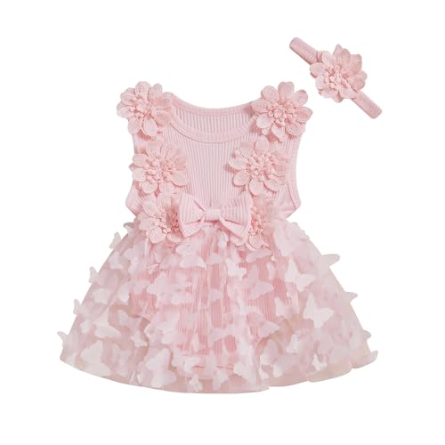 FOMOYUU Newborn Baby Girl Lace Romper Dress Sleeveless Floral Lace Outfits Summer Toddler Clothes with Headband (Pink Butterfly, 0-3 Months) - Image 1