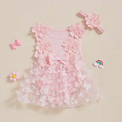 FOMOYUU Newborn Baby Girl Lace Romper Dress Sleeveless Floral Lace Outfits Summer Toddler Clothes with Headband (Pink Butterfly, 0-3 Months) - Image 2