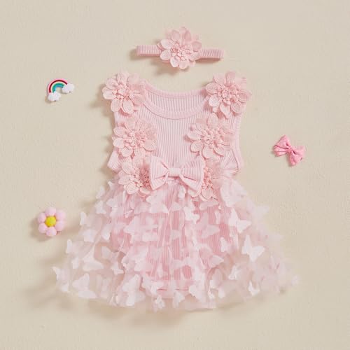 FOMOYUU Newborn Baby Girl Lace Romper Dress Sleeveless Floral Lace Outfits Summer Toddler Clothes with Headband (Pink Butterfly, 0-3 Months) - Image 3