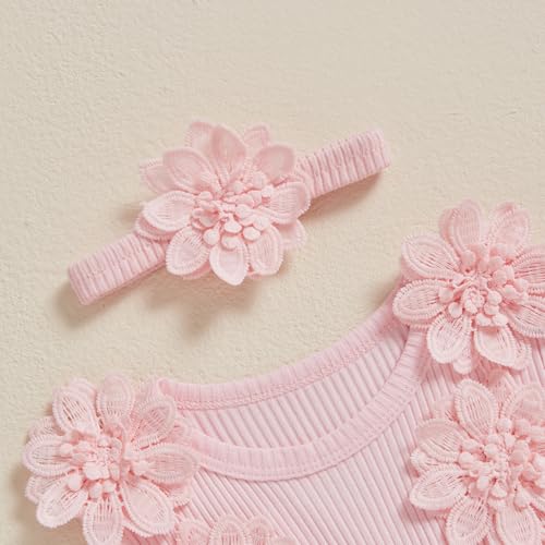 FOMOYUU Newborn Baby Girl Lace Romper Dress Sleeveless Floral Lace Outfits Summer Toddler Clothes with Headband (Pink Butterfly, 0-3 Months) - Image 5