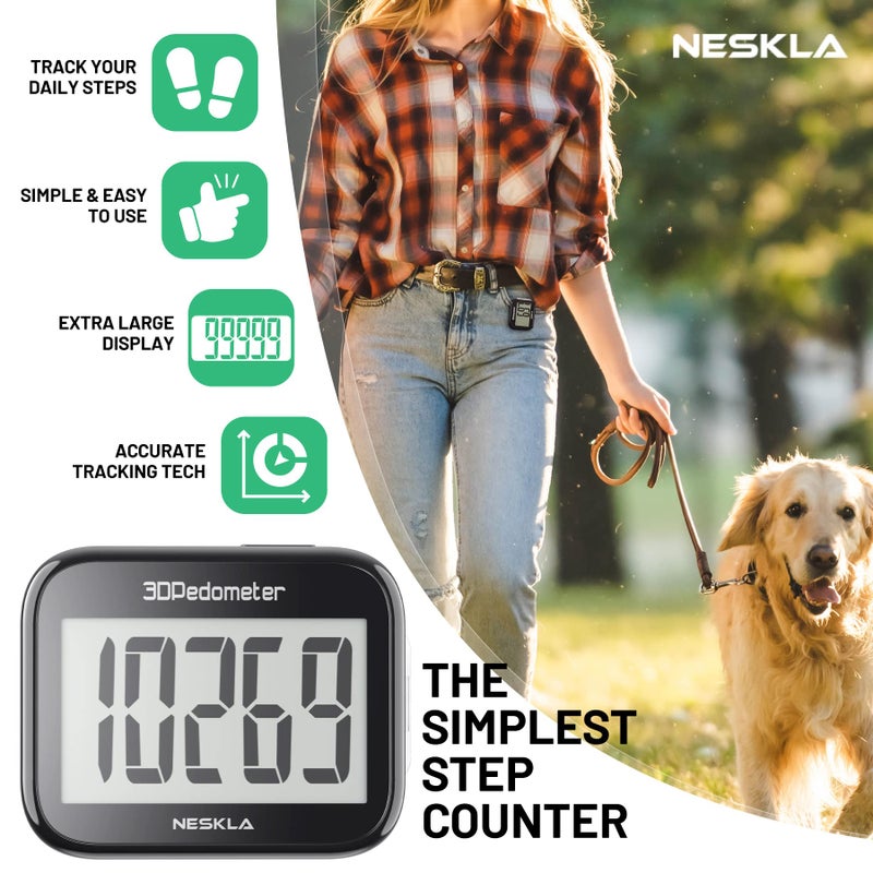 NESKLA 838 3D Pedometer for Walking, Simple Step Counter and Tracker with Large Digital Display, Removable Clip Lanyard, Accurately Track Steps for Men, Women, Kids, Adults, Seniors, Black - Image 2