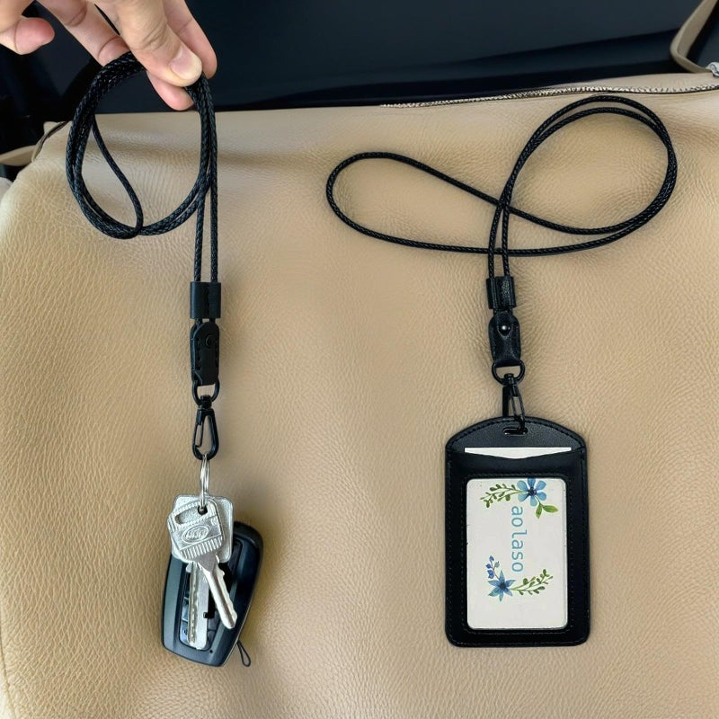 aolaso Lanyard, Leather Neck Lanyard for keys- Office Black ID Badges Lanyard Keychain with Metal Clasp for Card Holder, Car Keys, Wallet, USB, Phone - Image 3