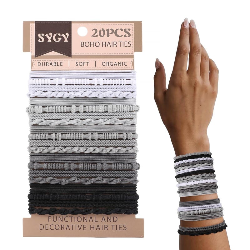 20 PCS Boho Hair Ties Grey Bracelets Hair Ties for Thick or Thin Hair 4 Styles Boho Ties for Ponytail Holders 236 Hair Ties NoDamage