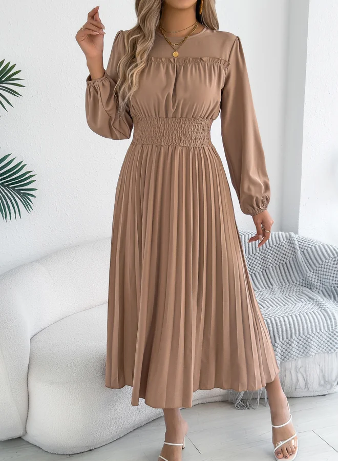 Take Two Beige Pleated A-Line Midi Dress