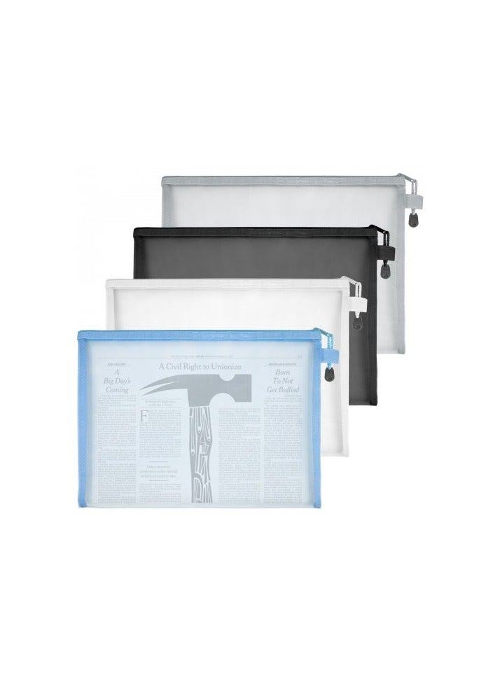 4 Pcs A4 Mesh Zipper Pouch Set, Transparent Nylon Document Bags with Loop Handle, Black White Grey Blue, Large Capacity Stationery and File Organizer, 33.5x24cm - Image 1