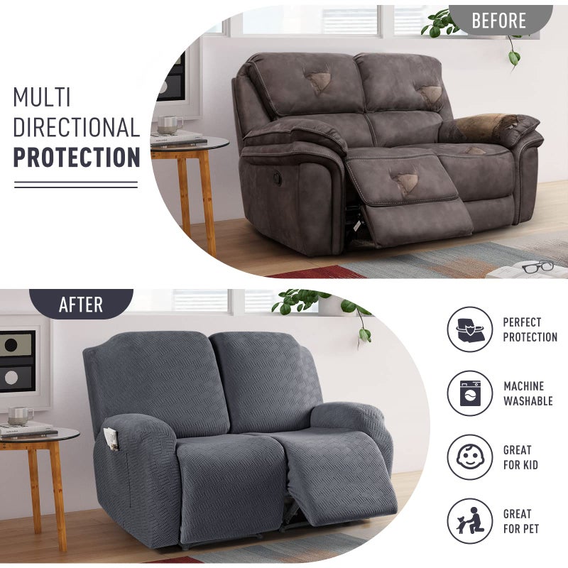 KinCam Recliner Loveseat Covers, Stretch Reclining Cover, Recliner Sofa Slipcovers Stripe Jacquard Recliner Couch Covers Furniture Protector Cover for Pet Kid (2 Seater, Dark Gray) - Image 3