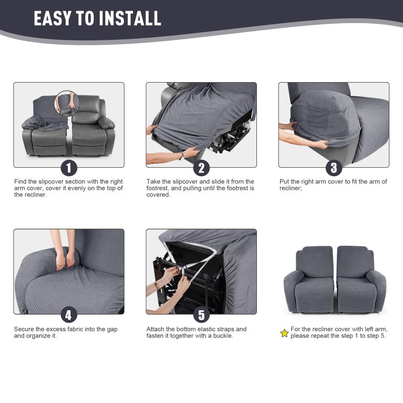 KinCam Recliner Loveseat Covers, Stretch Reclining Cover, Recliner Sofa Slipcovers Stripe Jacquard Recliner Couch Covers Furniture Protector Cover for Pet Kid (2 Seater, Dark Gray) - Image 5