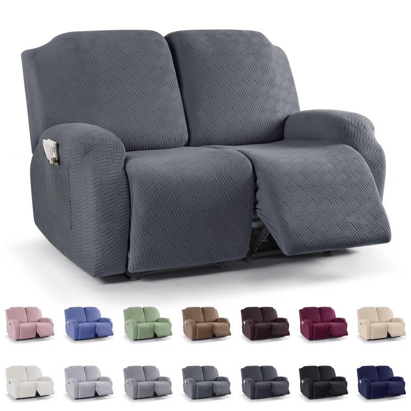 KinCam Recliner Loveseat Covers, Stretch Reclining Cover, Recliner Sofa Slipcovers Stripe Jacquard Recliner Couch Covers Furniture Protector Cover for Pet Kid (2 Seater, Dark Gray) - Image 1