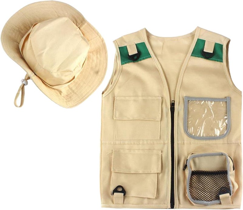 klarako Outdoor Adventure Kit for Kids Cargo Vest Hat Set Comfortable And Durable Explorer Costume Role Play Toy Khaki Playing Clothes - Image 3