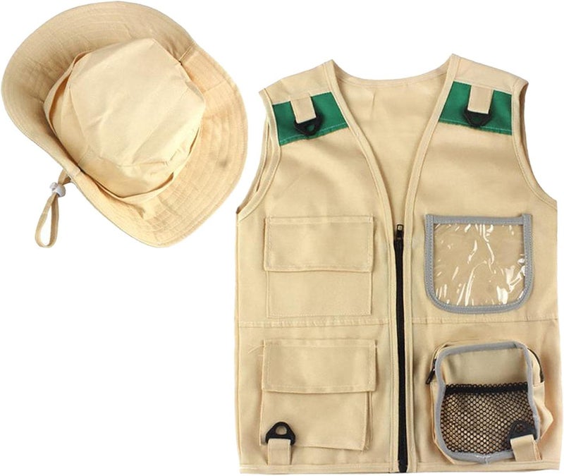 klarako Outdoor Adventure Kit for Kids Cargo Vest Hat Set Comfortable And Durable Explorer Costume Role Play Toy Khaki Playing Clothes - Image 1