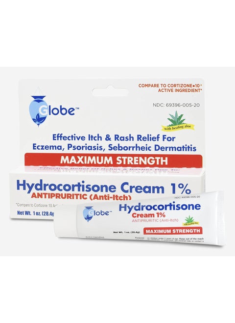Globe Hydrocortisone Maximum Strength Cream 1% w/ Aloe, Anti-Itch Cream for Redness, Swelling, Itching, Rash & Dermatitis, Bug/Mosquito Bites, Eczema, Hemorrhoids & More