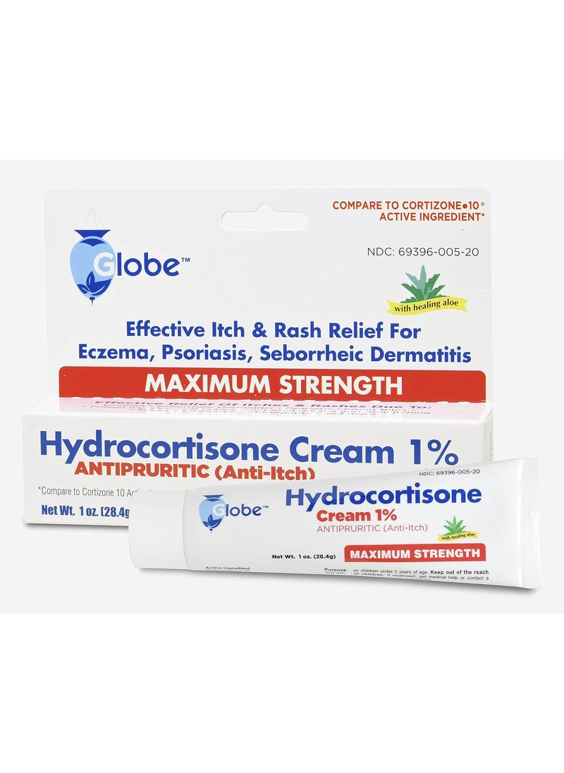 Globe Globe Hydrocortisone Maximum Strength Cream 1% w/ Aloe, Anti-Itch Cream for Redness, Swelling, Itching, Rash & Dermatitis, Bug/Mosquito Bites, Eczema, Hemorrhoids & More 