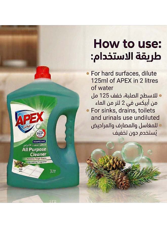 APEX منظف متعدد الاستخدامات من أبيكس، سائل تنظيف الأرضيات والأسطح المتعددة، مطهر تركيبة تنظيف صحية، يزيل البقع الصعبة، عطر يدوم طويلاً، رائحة الصنوبر، حزمة ترويجية 2 × 3 لتر، 6 لتر - Image 3