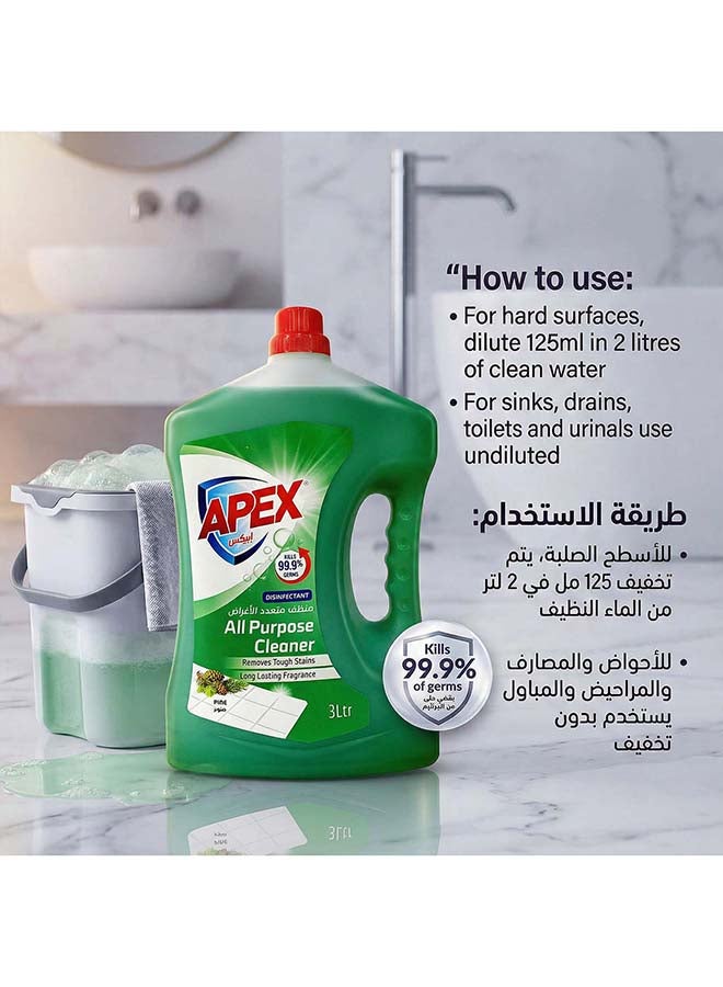 APEX منظف متعدد الاستخدامات من أبيكس، سائل تنظيف الأرضيات والأسطح المتعددة، مطهر تركيبة تنظيف صحية، يزيل البقع الصعبة، عطر يدوم طويلاً، رائحة الصنوبر، حزمة ترويجية 2 × 3 لتر، 6 لتر - Image 4