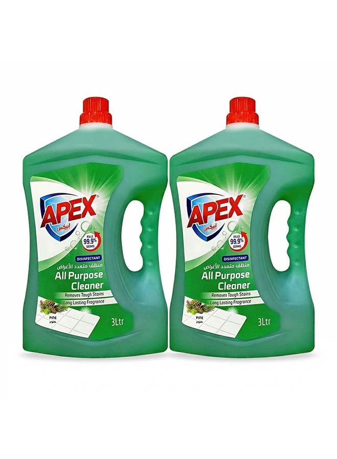 APEX منظف متعدد الاستخدامات من أبيكس، سائل تنظيف الأرضيات والأسطح المتعددة، مطهر تركيبة تنظيف صحية، يزيل البقع الصعبة، عطر يدوم طويلاً، رائحة الصنوبر، حزمة ترويجية 2 × 3 لتر، 6 لتر - Image 1
