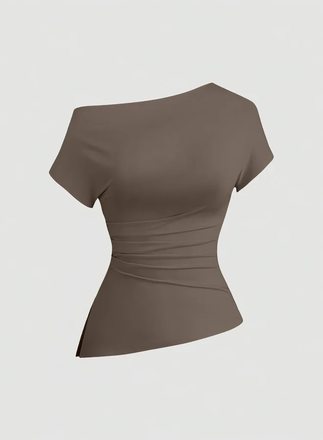 Take Two Brown Asymmetric Neck Fitted Top