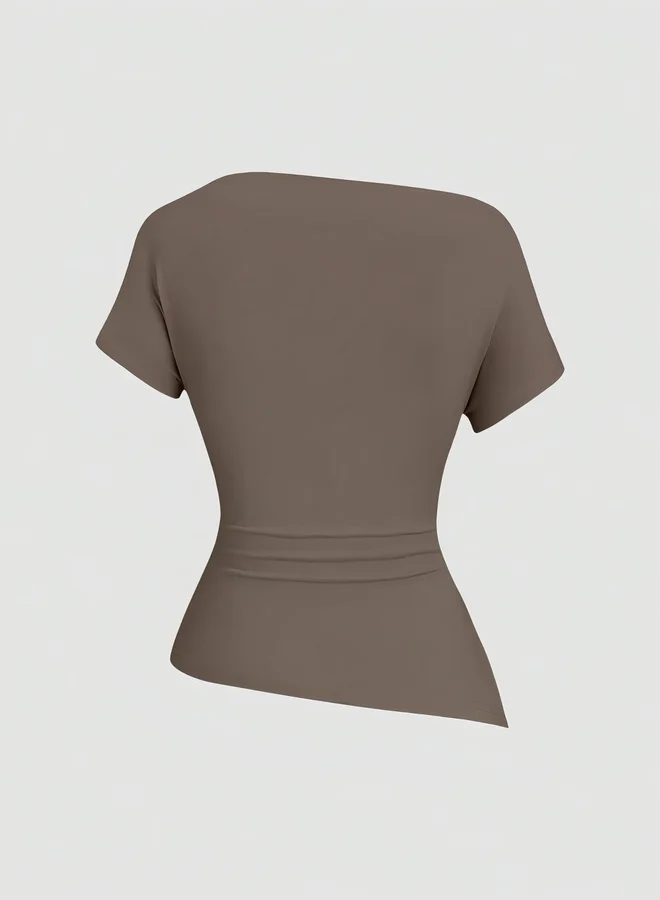 Take Two Brown Asymmetric Neck Fitted Top