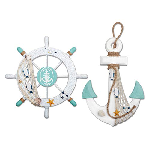 Meching 2 Pack 11" Nautical Beach Wooden Ship Wheel and 13" Wood Anchor with Rope Nautical Boat Steering Wheel Rudder Anchor Wall Decor Door Hanging Ornament Beach Theme Home Decoration(White&Green) - Image 1