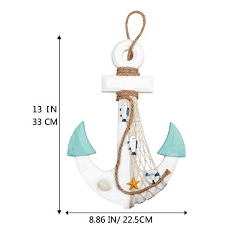 Meching 2 Pack 11" Nautical Beach Wooden Ship Wheel and 13" Wood Anchor with Rope Nautical Boat Steering Wheel Rudder Anchor Wall Decor Door Hanging Ornament Beach Theme Home Decoration(White&Green) - Image 3