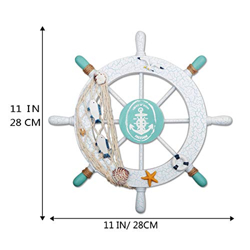 Meching 2 Pack 11" Nautical Beach Wooden Ship Wheel and 13" Wood Anchor with Rope Nautical Boat Steering Wheel Rudder Anchor Wall Decor Door Hanging Ornament Beach Theme Home Decoration(White&Green) - Image 2
