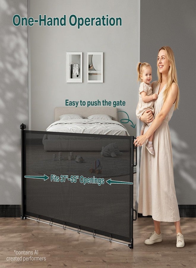 Cumbor 37-55" Retractable Baby Gates for Stairs & Doorways, Hardware Mounted Mesh Dog & Pet Gate, Easy Walk Through, One-Hand Operation, Anti-Crawl Adjustable Safety Gate for Dog, Indoor Outdoor Black - Image 4